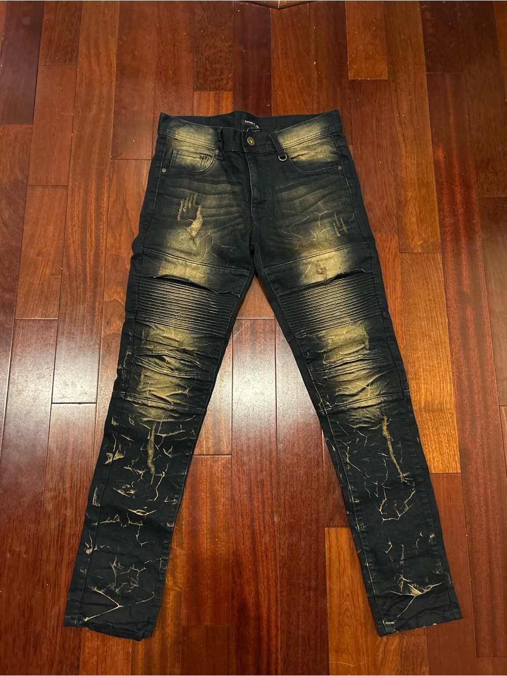 Kayden K Men's Distressed Black Jeans Tan Bleach Effect Moto Biker Rapper Grunge